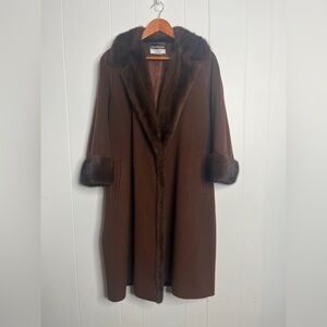 Vintage Jacobson's Cashmere Wool Dress Coat Fur Trim Chocolate Brown Size 10